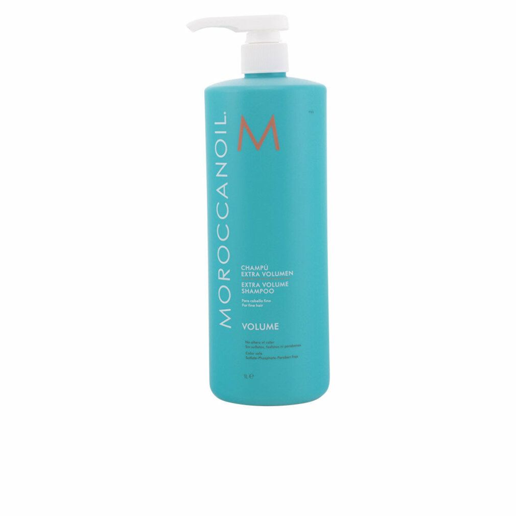 Türkisgrüne Shampoo-Flasche mit weißem Pumpkopf. Aufschrift: Moroccanoil, Volume, Extra Volumen Shampoo.