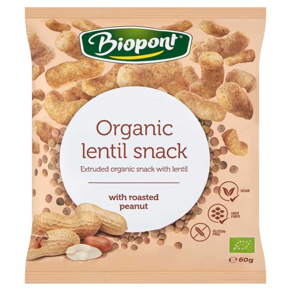 Beutel mit Biopont Linsen Flips mit gerösteten Erdnüssen. Aufschrift: Organic lentil snack, vegan, glutenfrei, hoher Ballaststoffgehalt, Bio-Siegel.