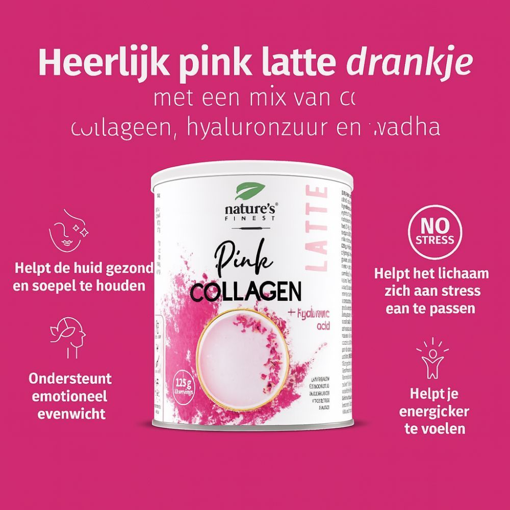Blik Nature's Finest Pink Latte Collagen. Tekst: Pink Collagen + Hyaluronzuur. Glas met roze drank. Tekst: 125g.