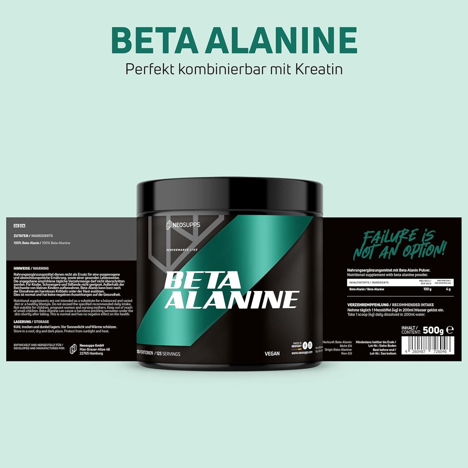 Schwarze Dose mit grünem Etikett. Aufschrift: BETA ALANINE. Text: Perfekt kombinierbar mit Kreatin. Nebenbei: Produktinformationen.