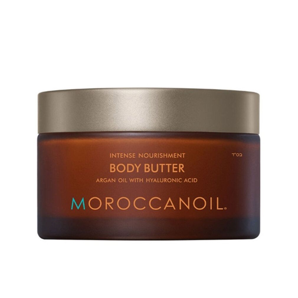 Braune Tiegel mit goldfarbenem Deckel. Aufschrift: Body Butter, Arganöl mit Hyaluronsäure. Marke: MOROCCANOIL.