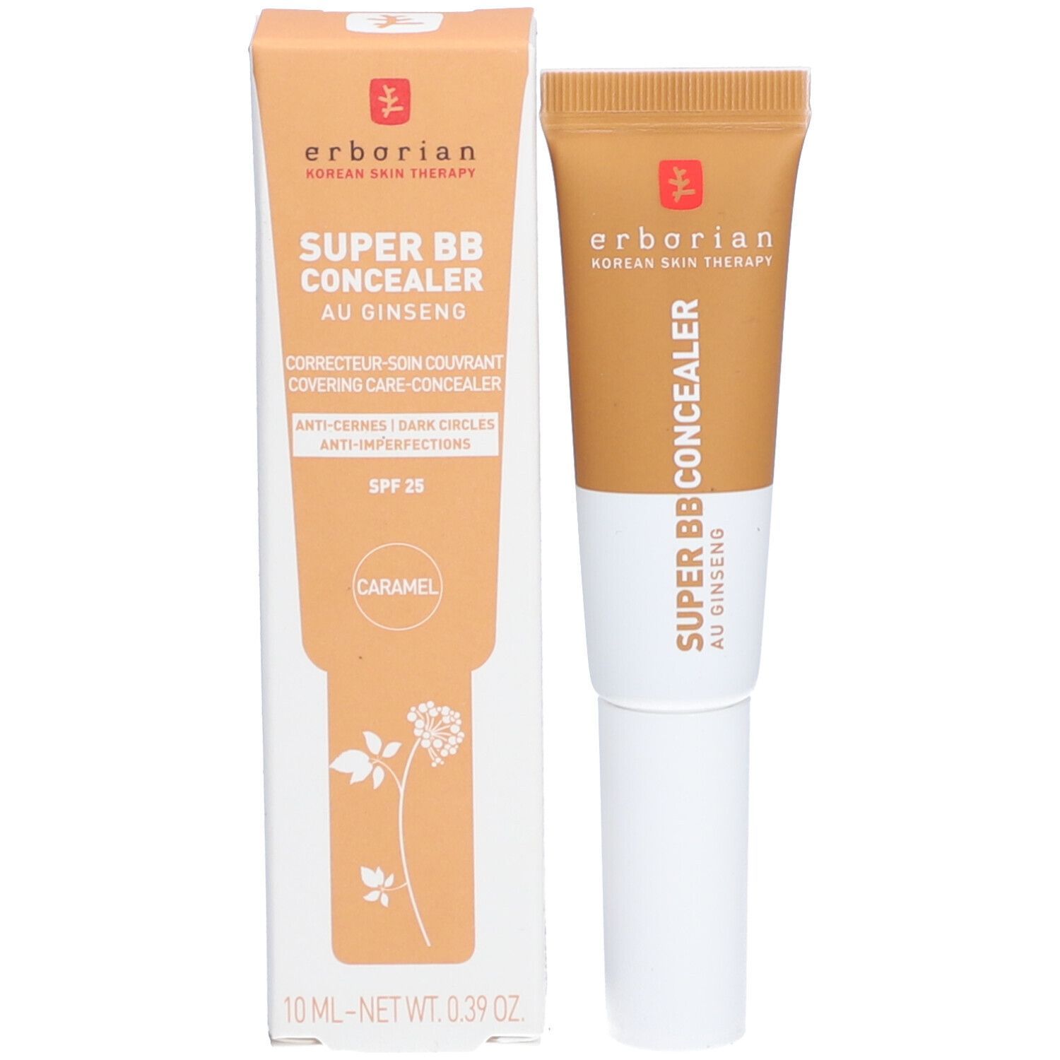 Produkt und Verpackung. Tube und Karton mit Aufschrift: SUPER BB CONCEALER, KARAMELL. Marke: Erborian.