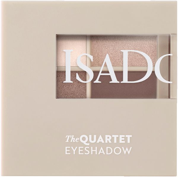 Lidschatten-Quartett in beiger Verpackung. Vier Farben sichtbar durch ein Fenster. Marke: IsaDora. Text: The Quartet Eyeshadow.