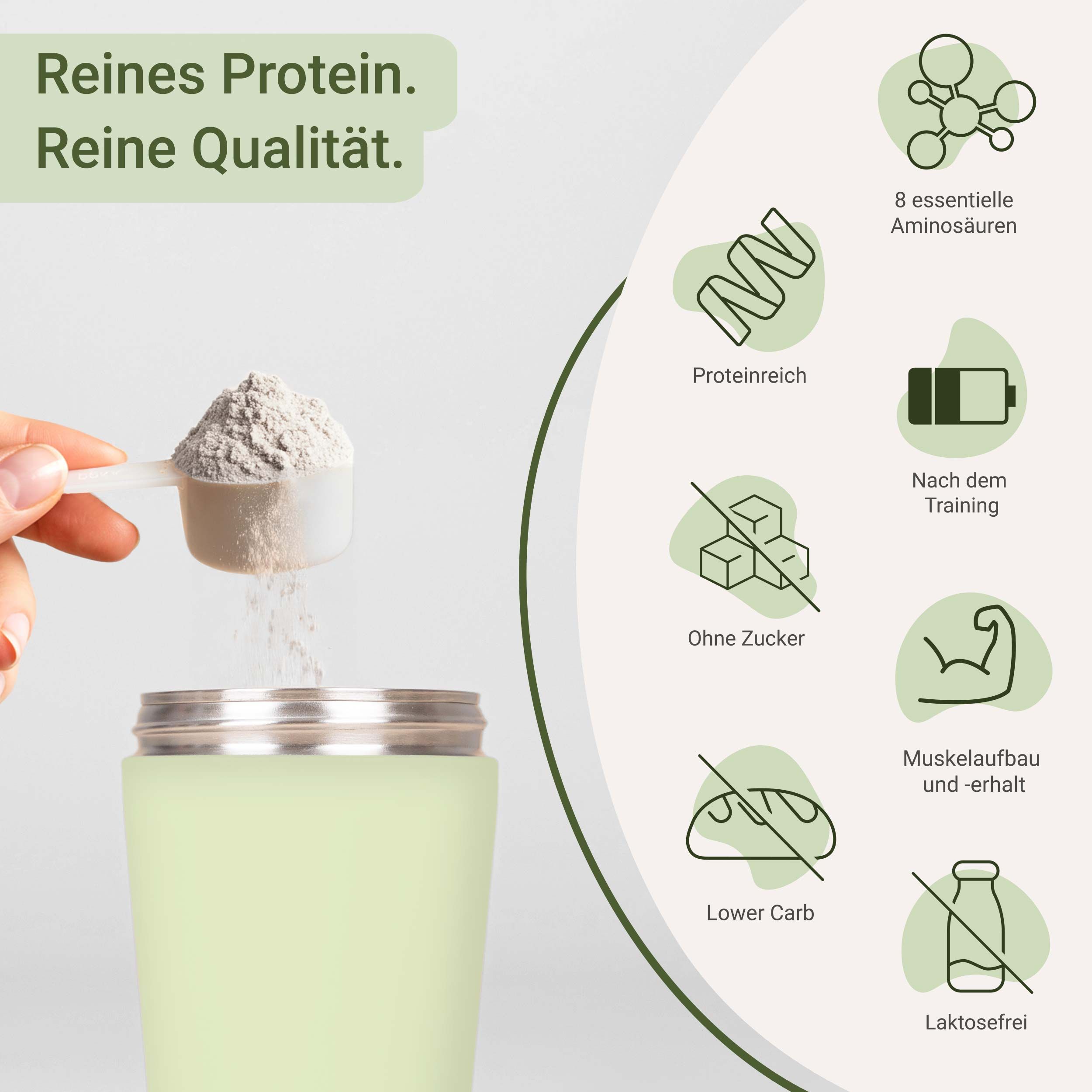 Person hält Messlöffel mit Pulver über Shaker. Icons: 8 Aminosäuren, proteinreich, nach dem Training, ohne Zucker, Muskelaufbau, laktosefrei.