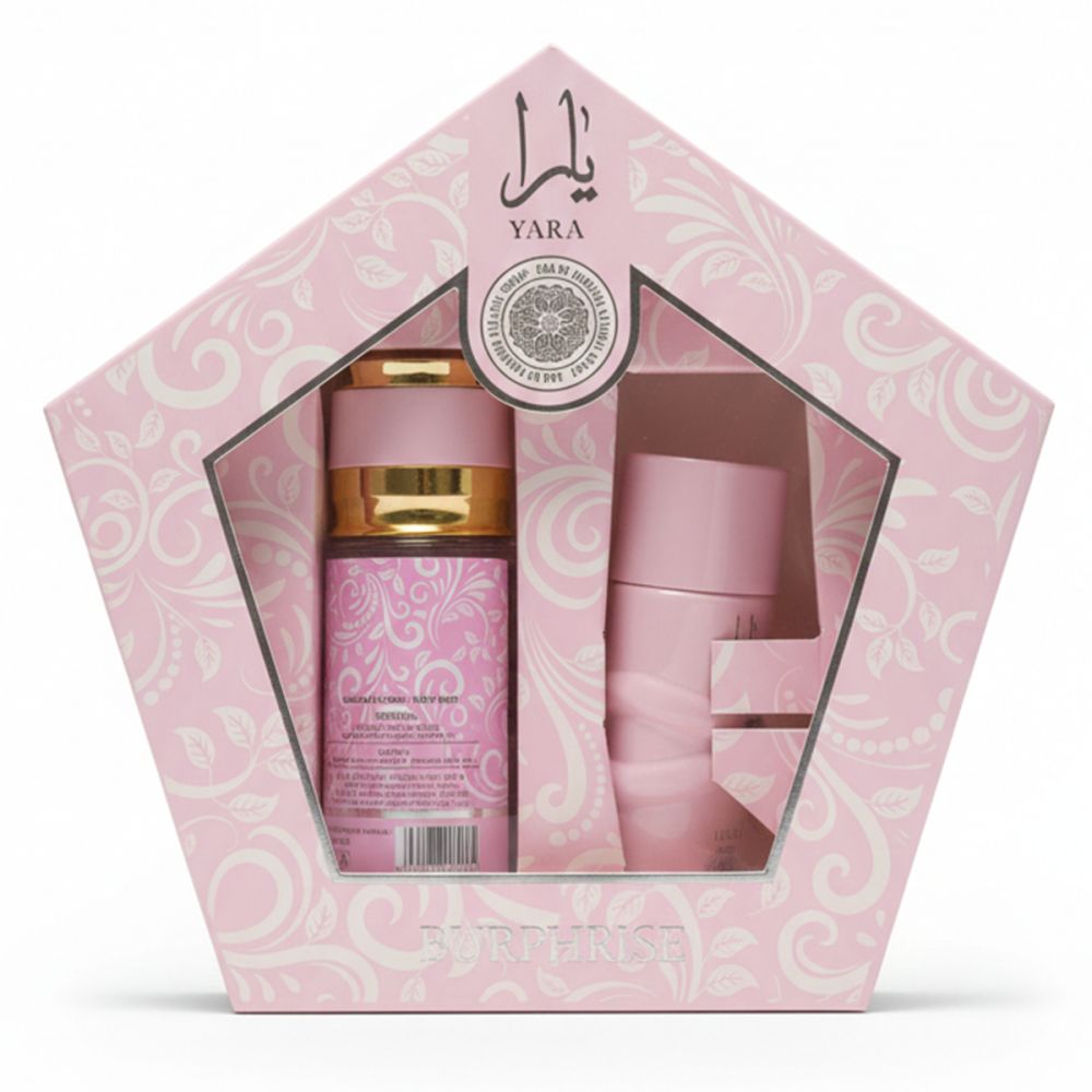Geschenkset mit zwei rosa Flakons in einer rosa, fünfeckigen Schachtel mit floralem Muster. Marke: Yara.