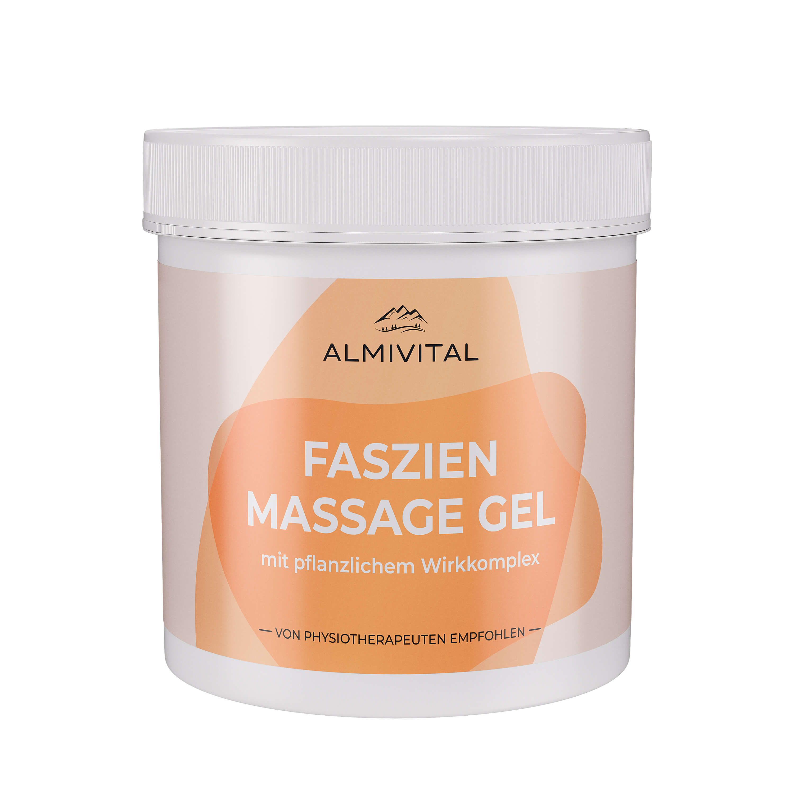 Weißer Tiegel mit Deckel. Aufschrift: ALMIVITAL, FASZIEN MASSAGE GEL, mit pflanzlichem Wirkkomplex, von Physiotherapeuten empfohlen.
