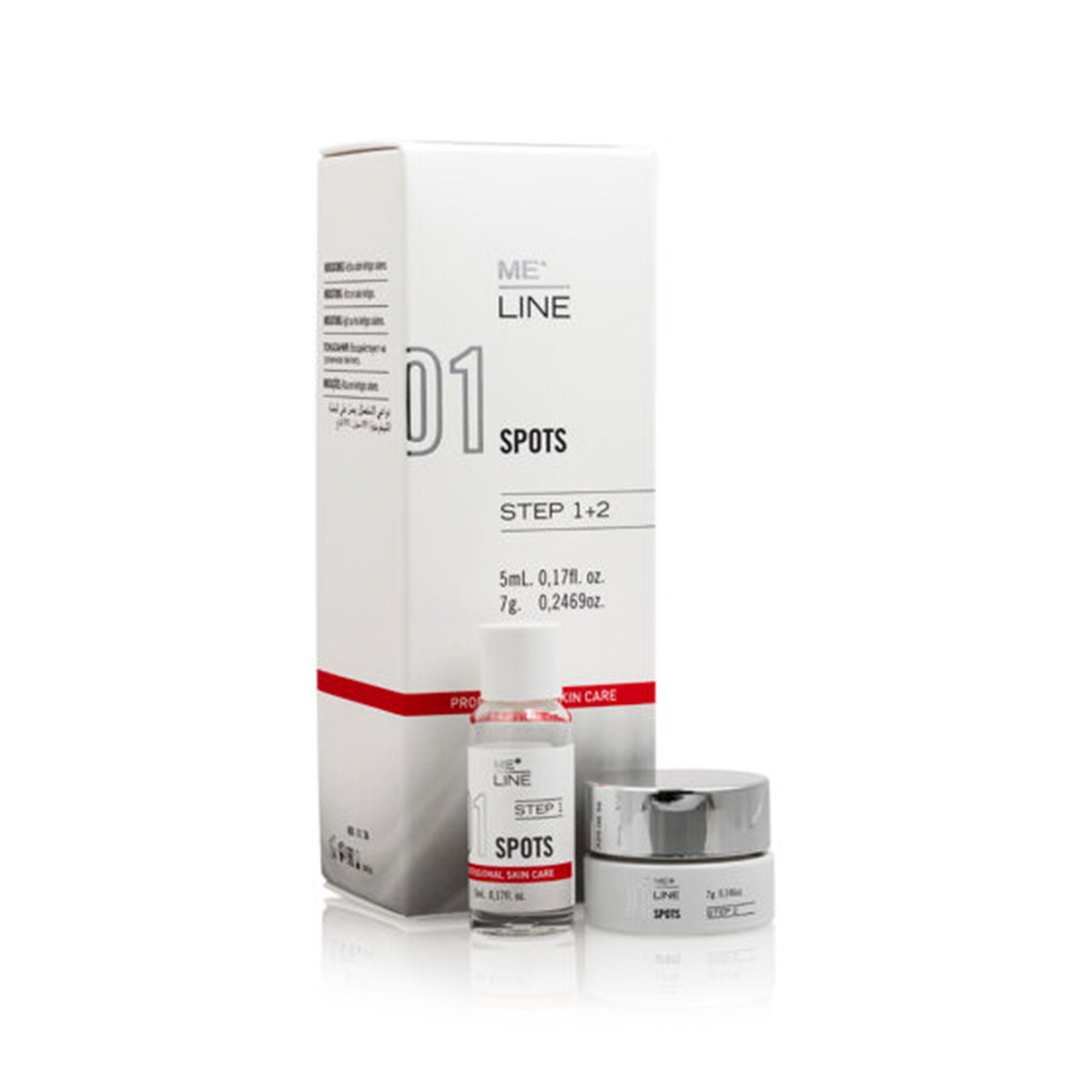 Verpackung mit "ME LINE D1 Spots Step 1+2". Enthält eine Flasche und einen Tiegel. Aufschrift: "SPOTS".