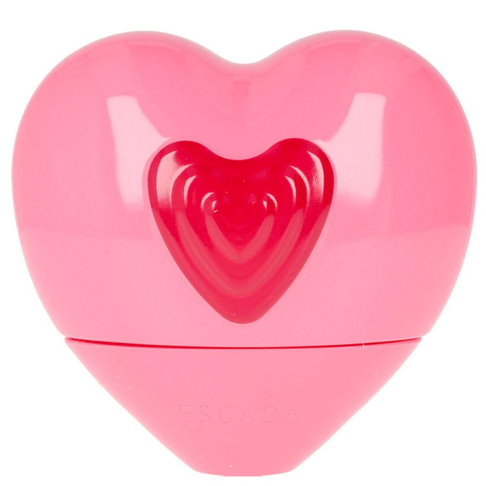 Rosa herzförmiger Flakon mit rotem Herzmuster. "Escada"-Logo unten.