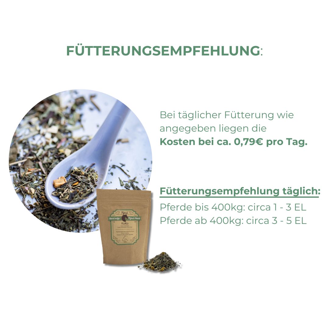 Löffel mit Kräutern neben Tüte. Text: Fütterungsempfehlung, Kosten ca. 0,79€ pro Tag. Fütterungsempfehlung täglich: Pferde bis 400kg: circa 1-3 EL.