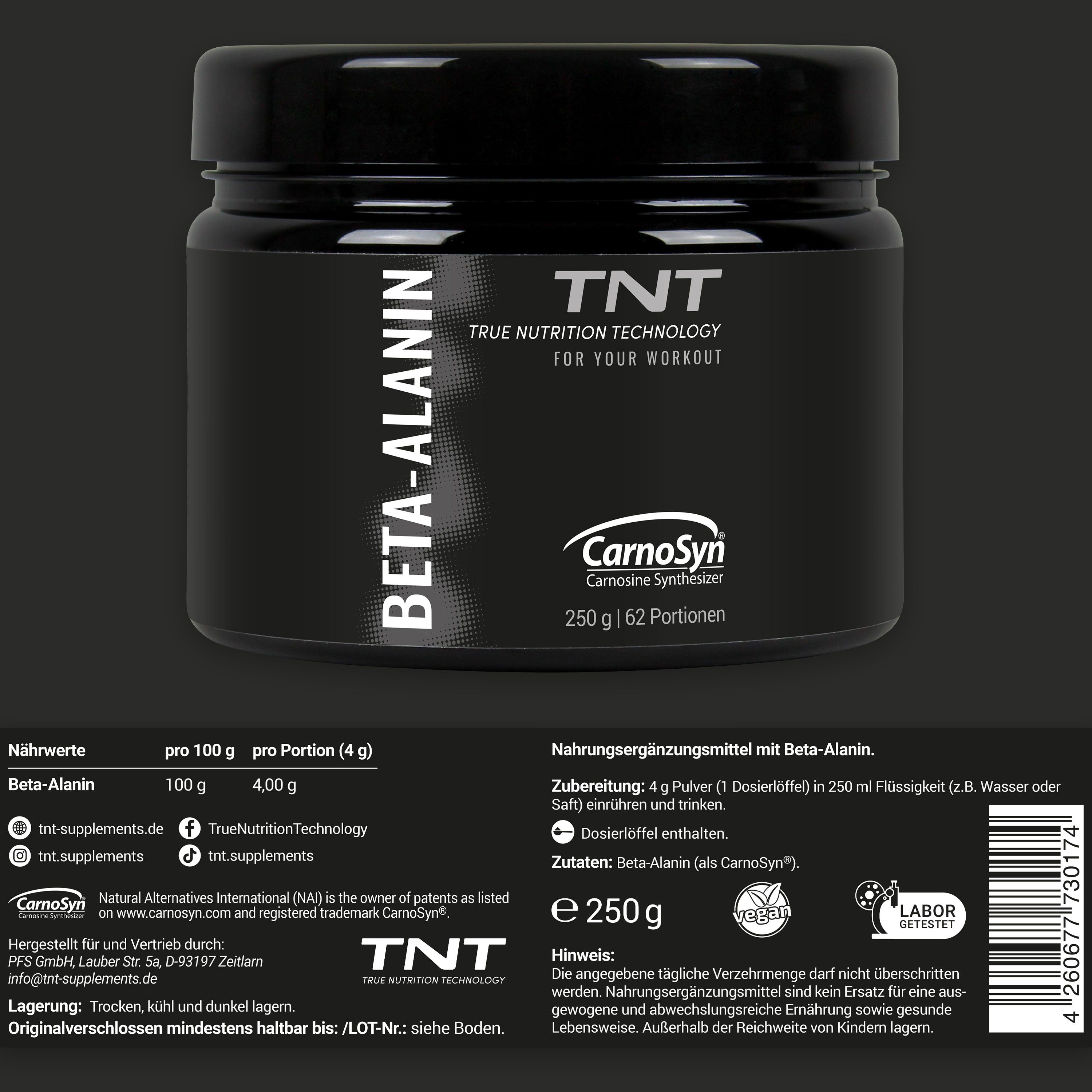 Supplement-Behälter mit Nährwertangaben und Zutatenliste. Text: Beta-Alanin, TNT, CarnoSyn, 250g, 62 Portionen.