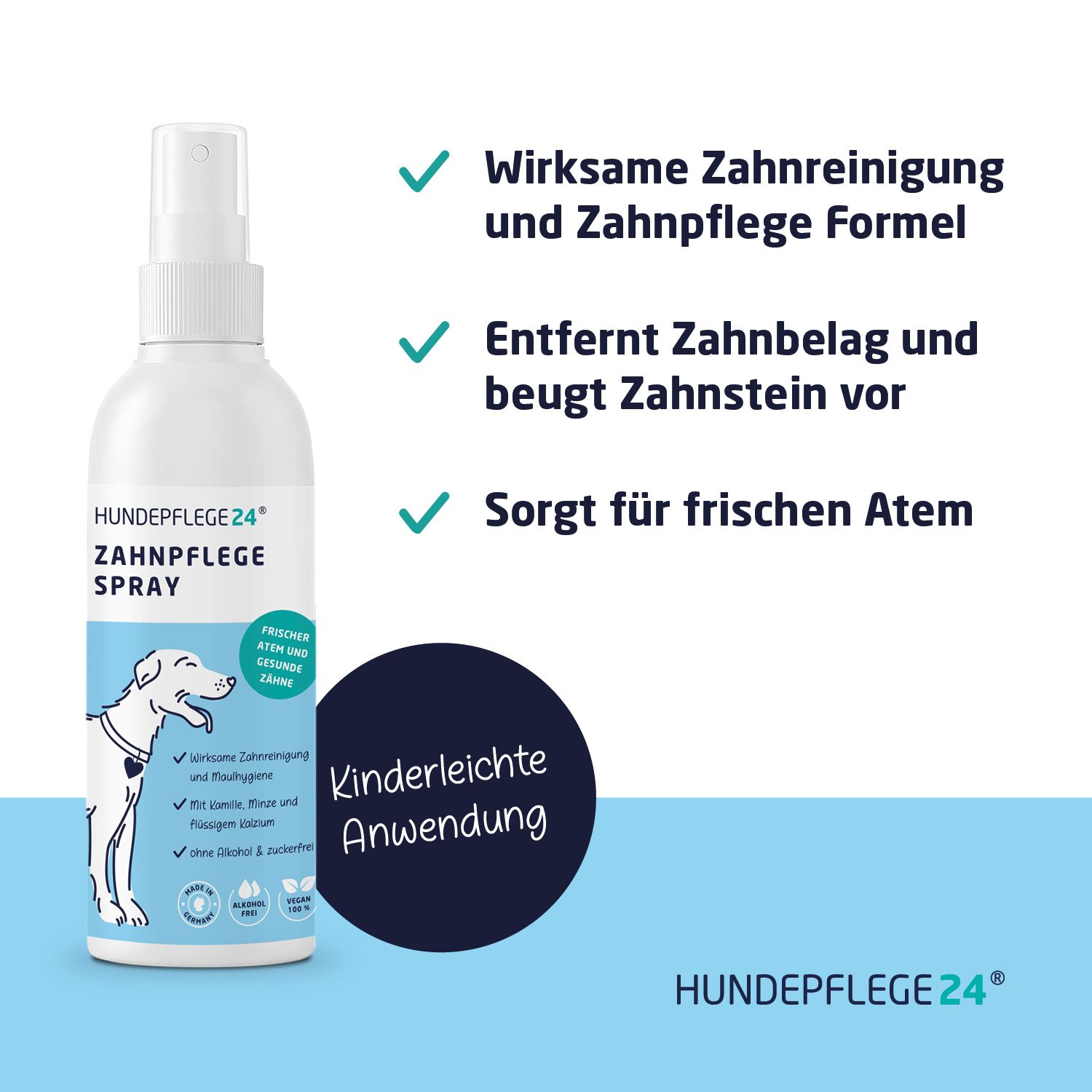 Hundepflege24 Zahnpflege Spray. Produktinformationen mit grünen Häkchen. Text: Wirksame Zahnreinigung, entfernt Zahnbelag, sorgt für frischen Atem.