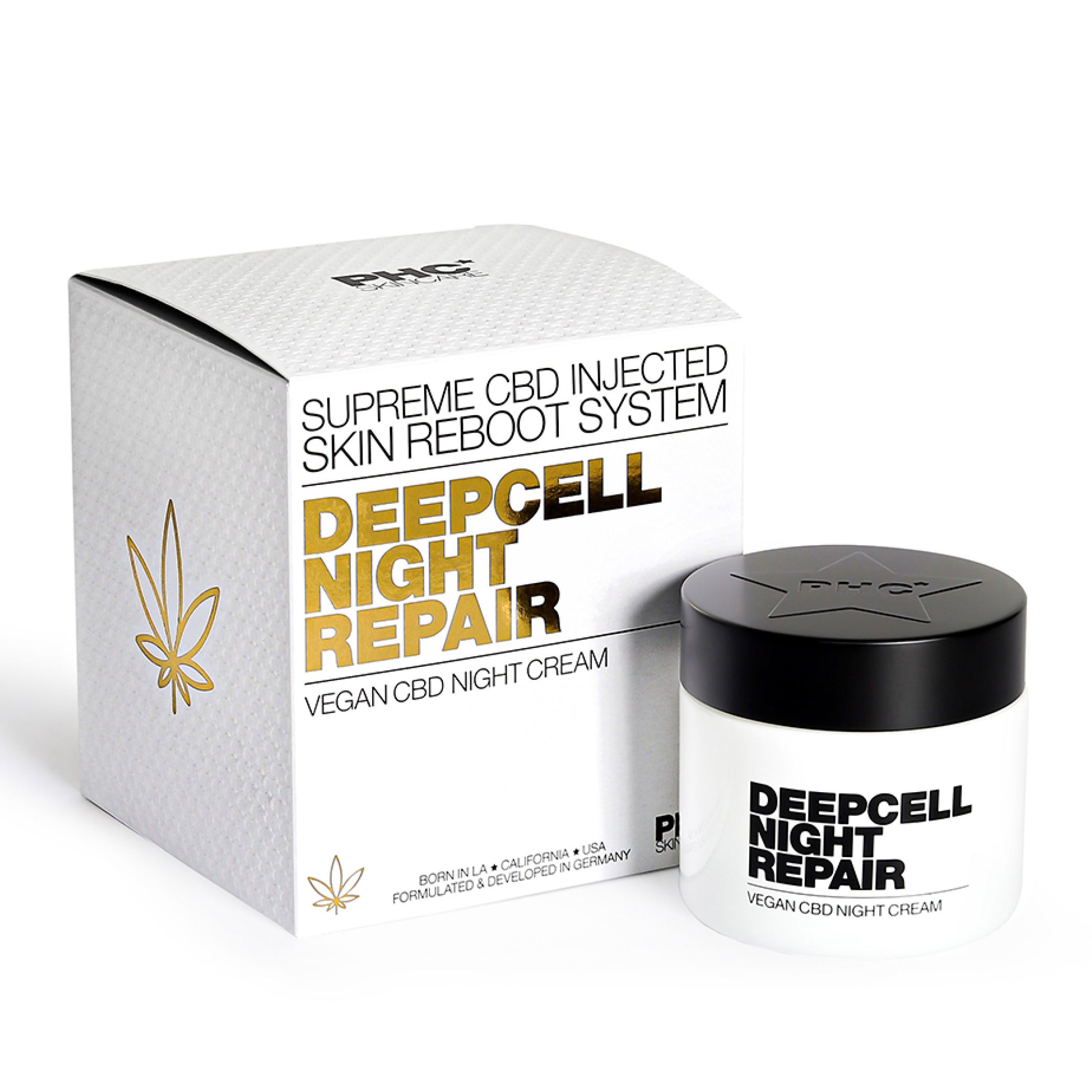Weiße Creme-Dose und Karton mit schwarzer Schrift: DEEPCELL NIGHT REPAIR. Vegan CBD Night Cream. Goldener Hanfblatt-Aufdruck.