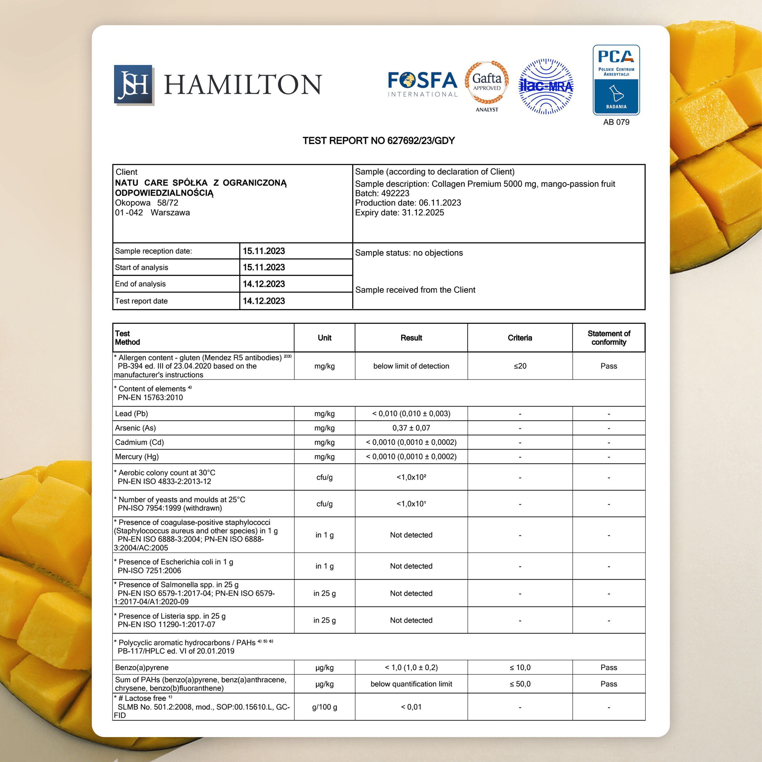 Testbericht mit Analyseergebnissen. Enthält Informationen zu Allergenen, Inhaltsstoffen und mikrobiologischen Tests.