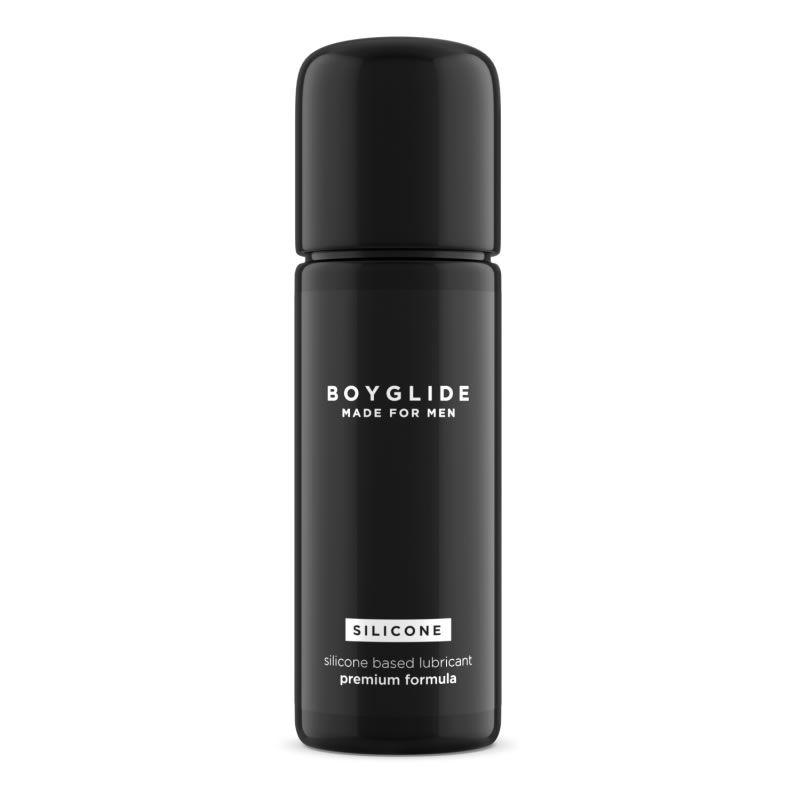Schwarze Flasche mit BOYGLIDE-Logo und der Aufschrift "SILICONE". Silikonbasiertes Gleitmittel.