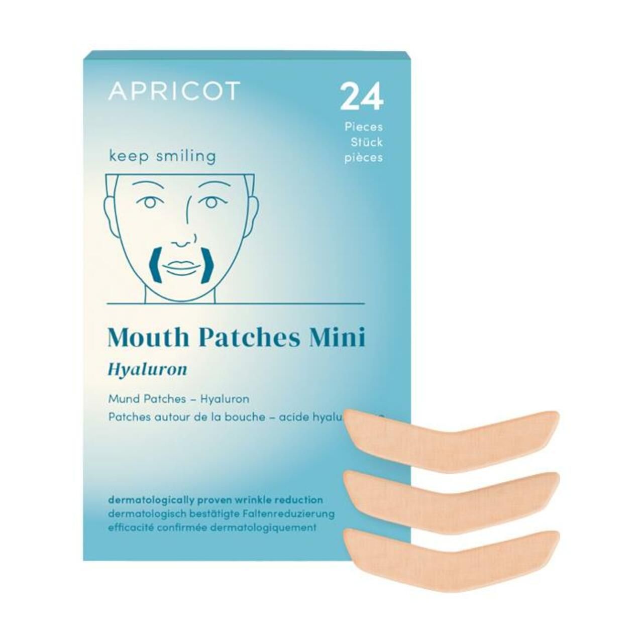 Hellblaue Verpackung mit APRICOT-Logo, 24 Stück. 3 Mundpflaster liegen daneben. Gesichtsskizze mit Patch-Anwendung.