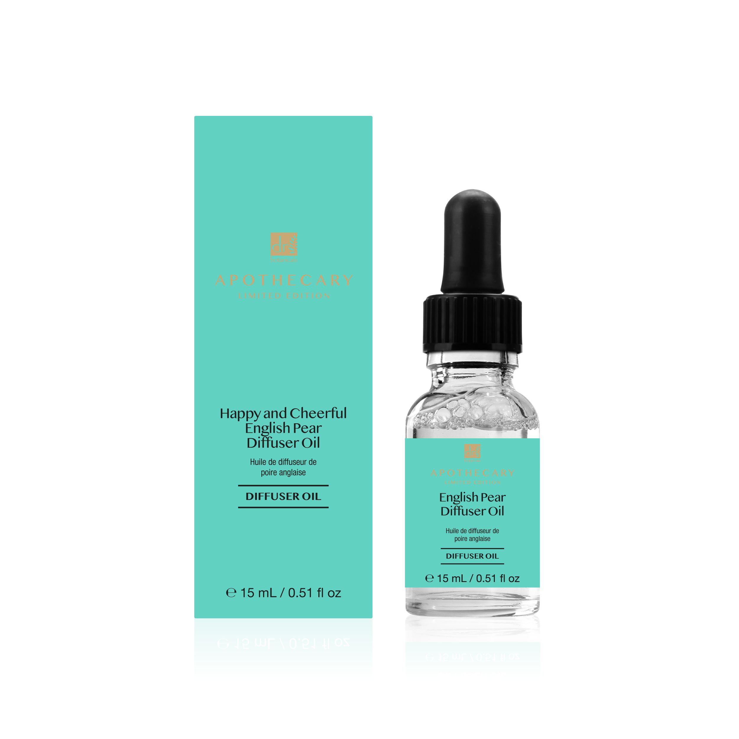 Glasflasche mit Öl und schwarzer Pipette neben türkisfarbener Verpackung. Text: Happy and Cheerful English Pear Diffuser Oil.