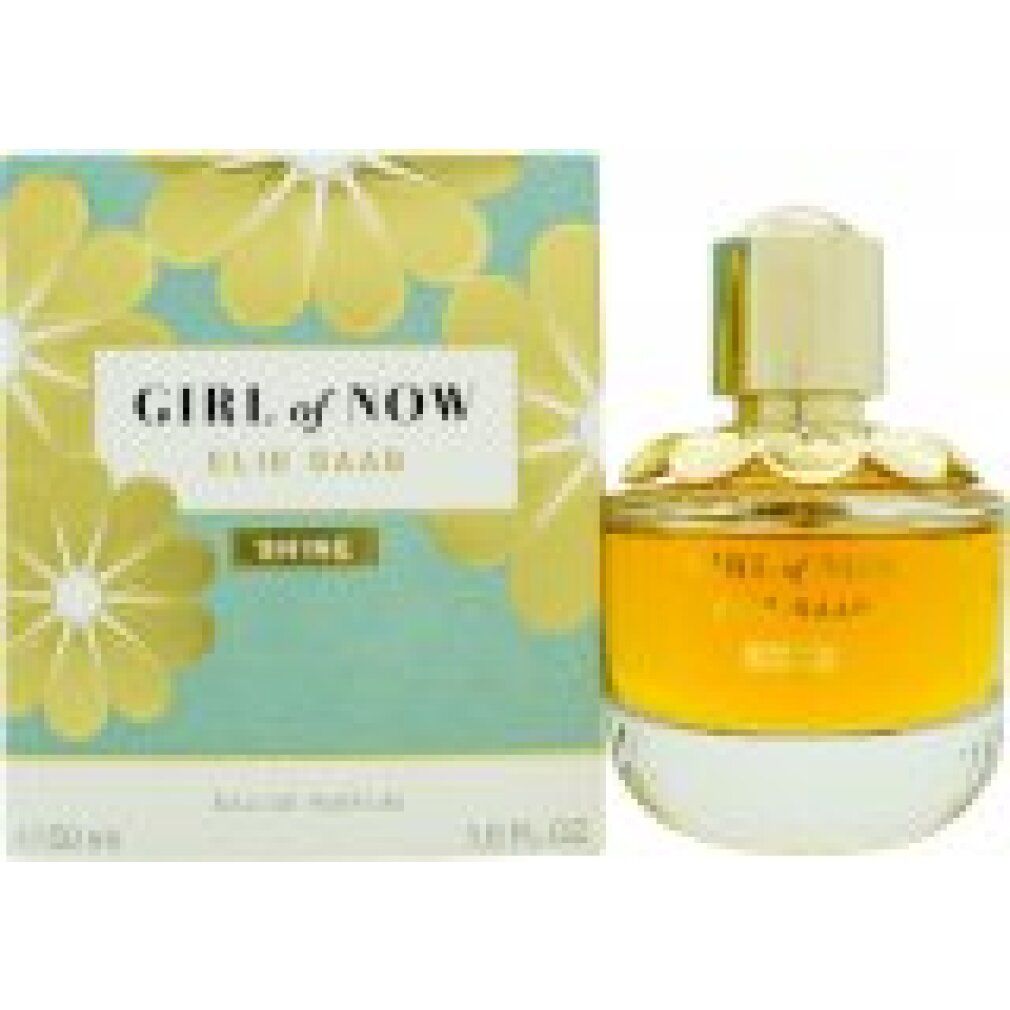 Elie Saab Girl of Now Shine Eau de Parfum Flakon (100ml) und Geschenkbox mit Blumenmuster.