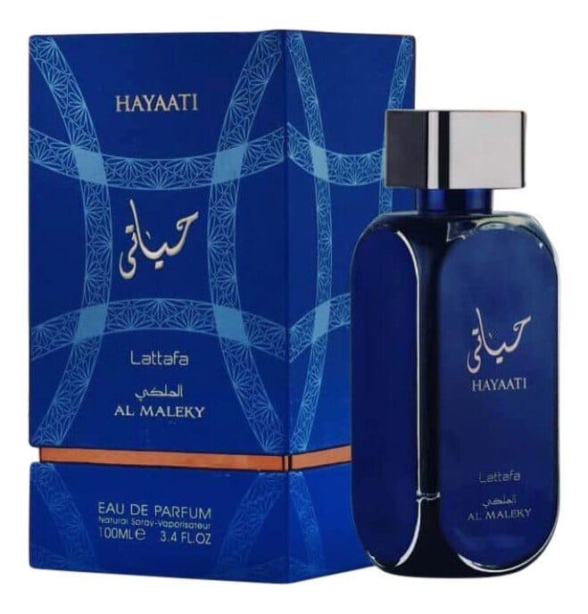 Blaues Parfümflakon und -verpackung. Aufschrift: Hayaati, Lattafa, Al Maleky. Eau de Parfum. 100ml.