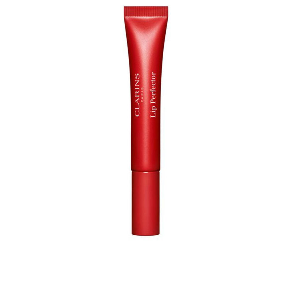 Rote Tube mit Clarins Lip Perfector. Aufschrift Clarins Paris. Produktname und Farbe sind sichtbar.