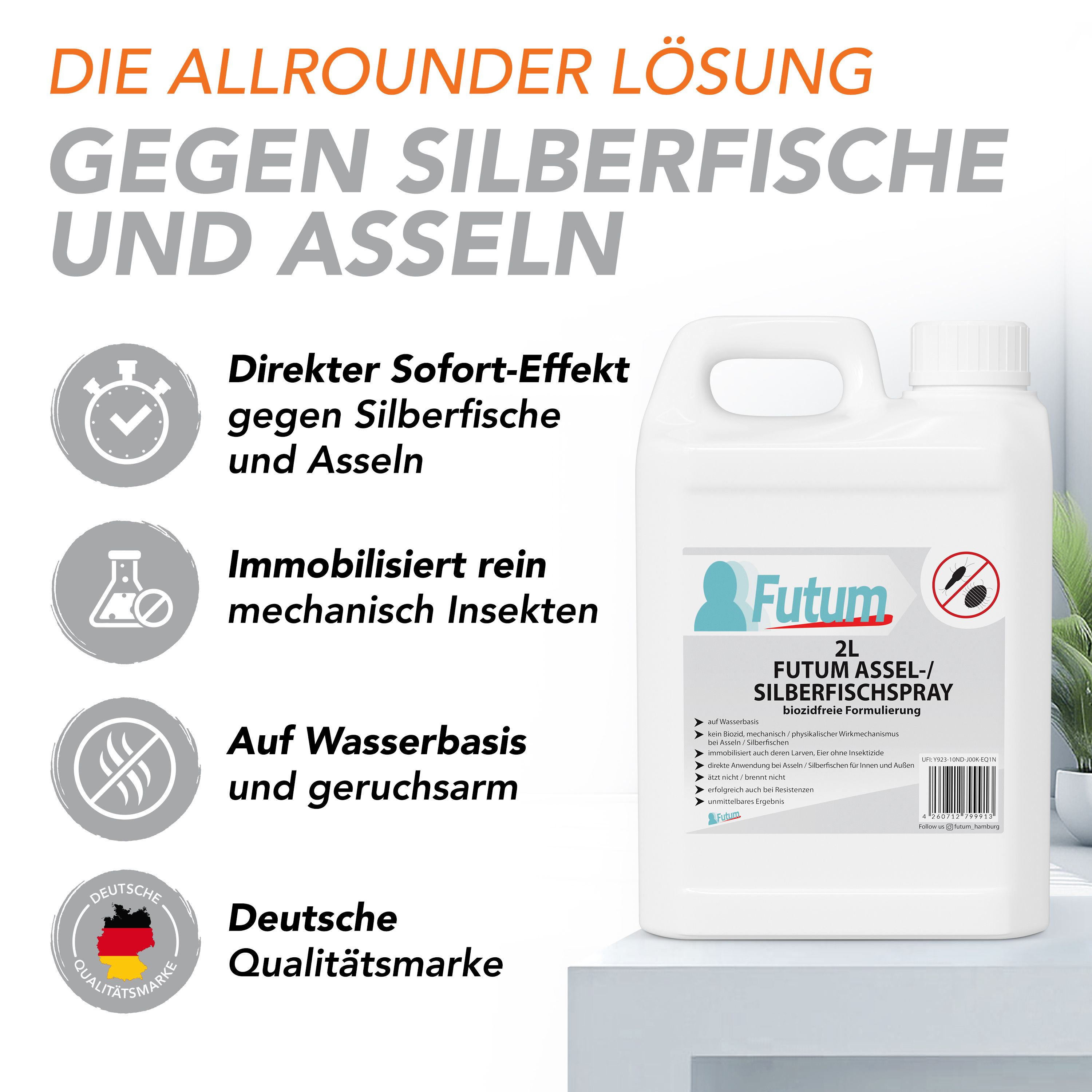 Weiße 2L Flasche FUTUM Silberfisch- / Asselspray. Text: 'Die Allround-Lösung gegen Silberfische und Asseln'. Deutsche Qualitätsmarke.