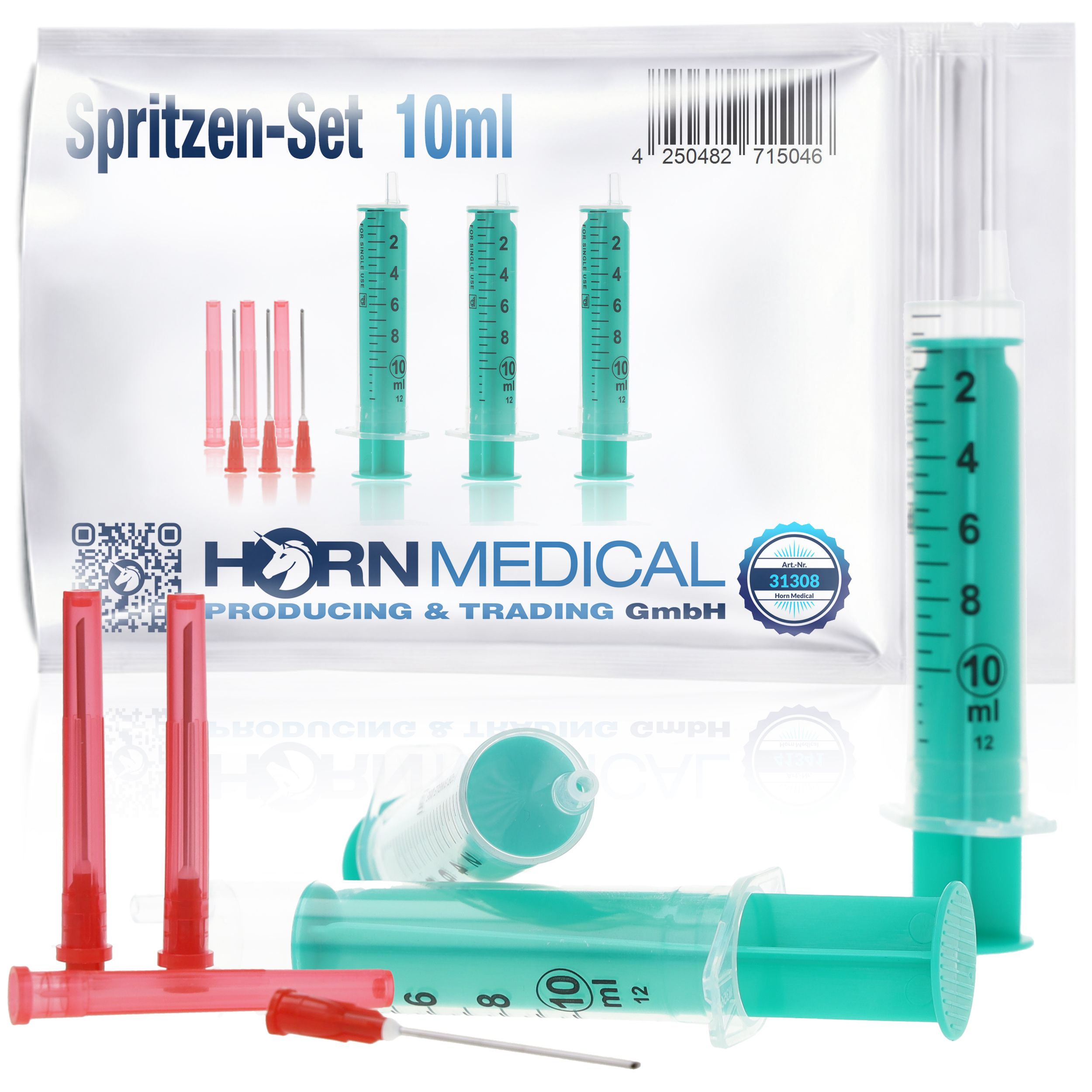 Spritzen-Set 10ml. Mehrere Spritzen, Kanülen und Verpackung. Marke: HORN MEDICAL. Aufdruck: Spritzen-Set 10ml.