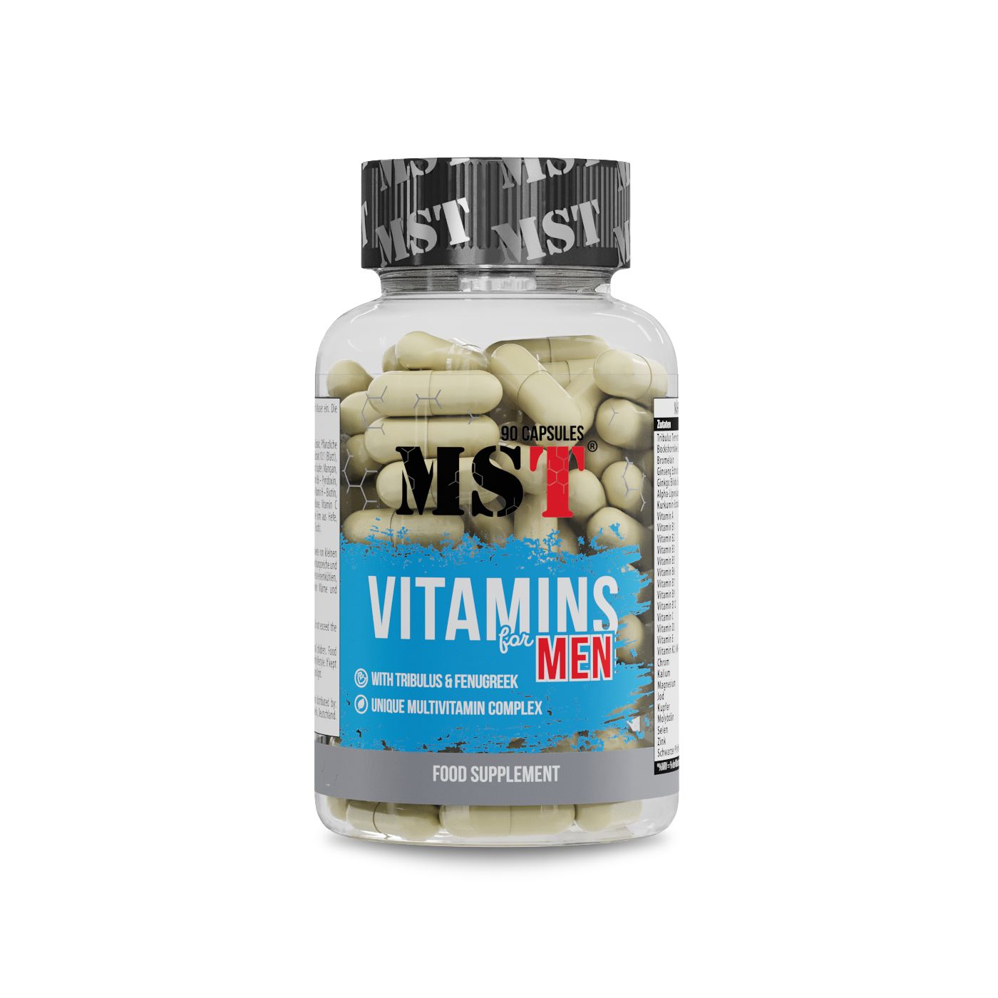 Transparente Flasche mit gelben Kapseln. Aufschrift "MST Vitamins for MEN". Blaue und weiße Etikettierung.