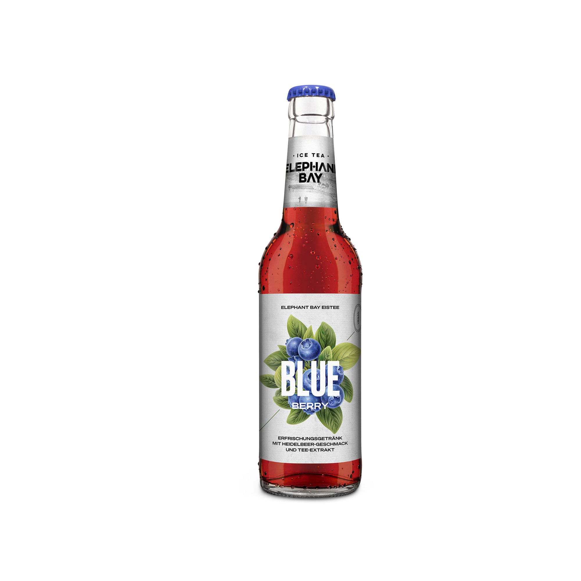 Glasflasche mit rotem Getränk. Etikett mit Blaubeeren und Schriftzug "BLUE BERRY". Marke: Elephant Bay.