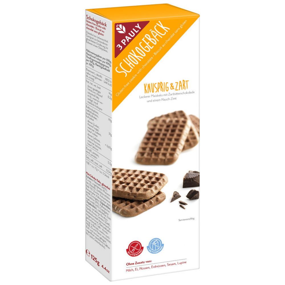 Verpackung von Schokogebäck. Aufschrift: 3 Pauly Schokogebäck glutenfrei. Knusprig & Zart. Mit glutenfreien Zertifizierungen.