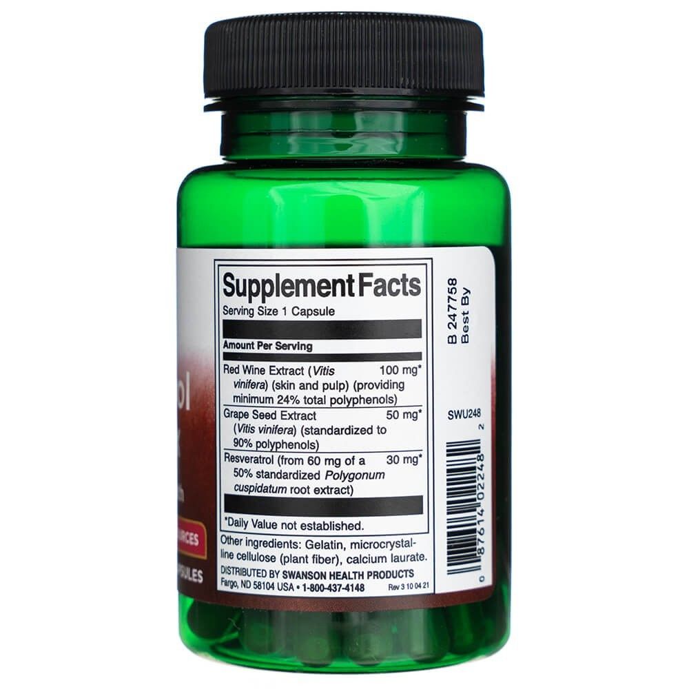 Rückseite einer Flasche Swanson Resveratrol Complex mit Nährwertangaben und Inhaltsstoffen.