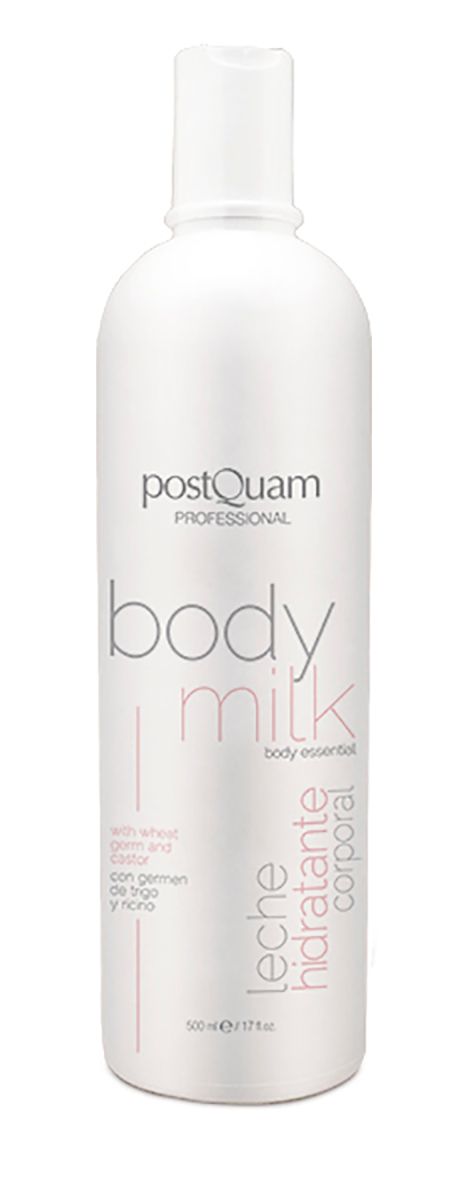 Weiße Flasche "Postquam Professional Body Milk". Text: "Leche Hidratante Corporal", "500 ml".