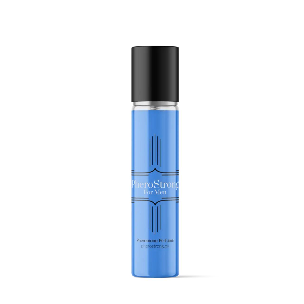 Blaues Fläschchen mit schwarzem Deckel. Aufschrift PheroStrong For Men. Pheromon-Parfüm. Natürlicher Spray-Zerstäuber.