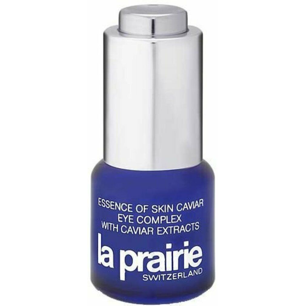 Blaues Fläschchen mit silberfarbenem Deckel. Aufschrift: Essence of Skin Caviar Eye Complex, La Prairie.