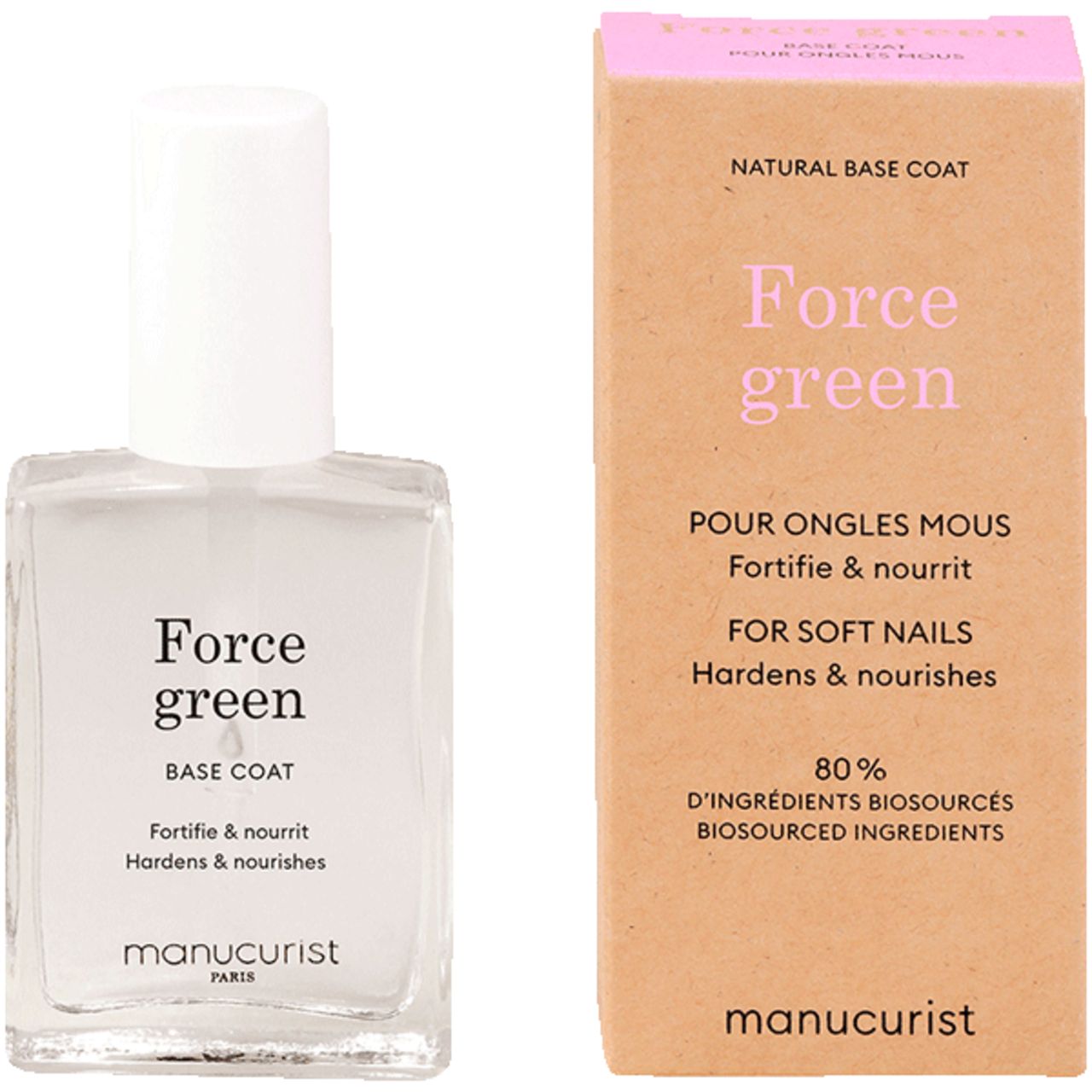 Klare Nagellackflasche mit weißem Deckel und Karton. Aufschrift: Force green, Base Coat, Manucurist. Karton: Force green, Pour ongles mous.