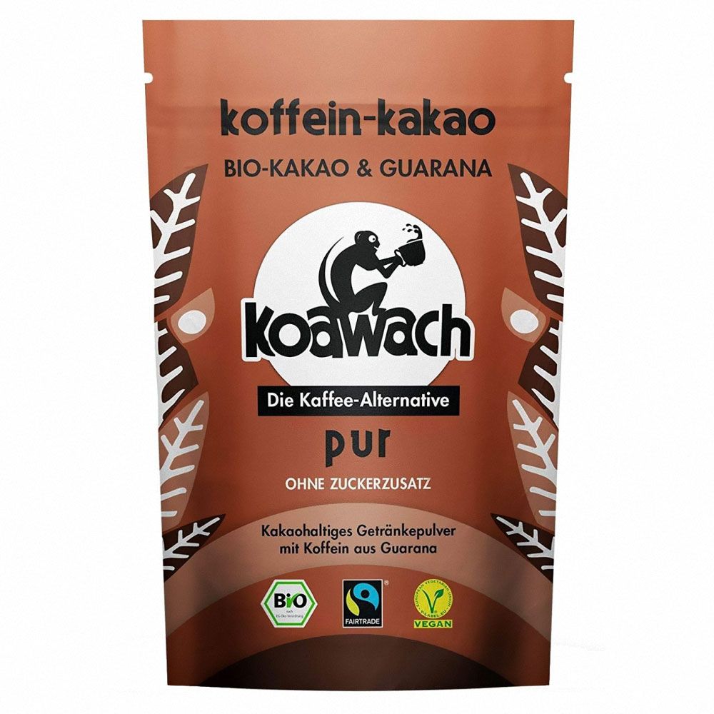 Braune Tüte mit Koawach-Logo, Affe mit Tasse. Text: Koffein-Kakao, Bio-Kakao & Guarana, Die Kaffee-Alternative, pur, ohne Zuckerzusatz. Bio-Siegel.