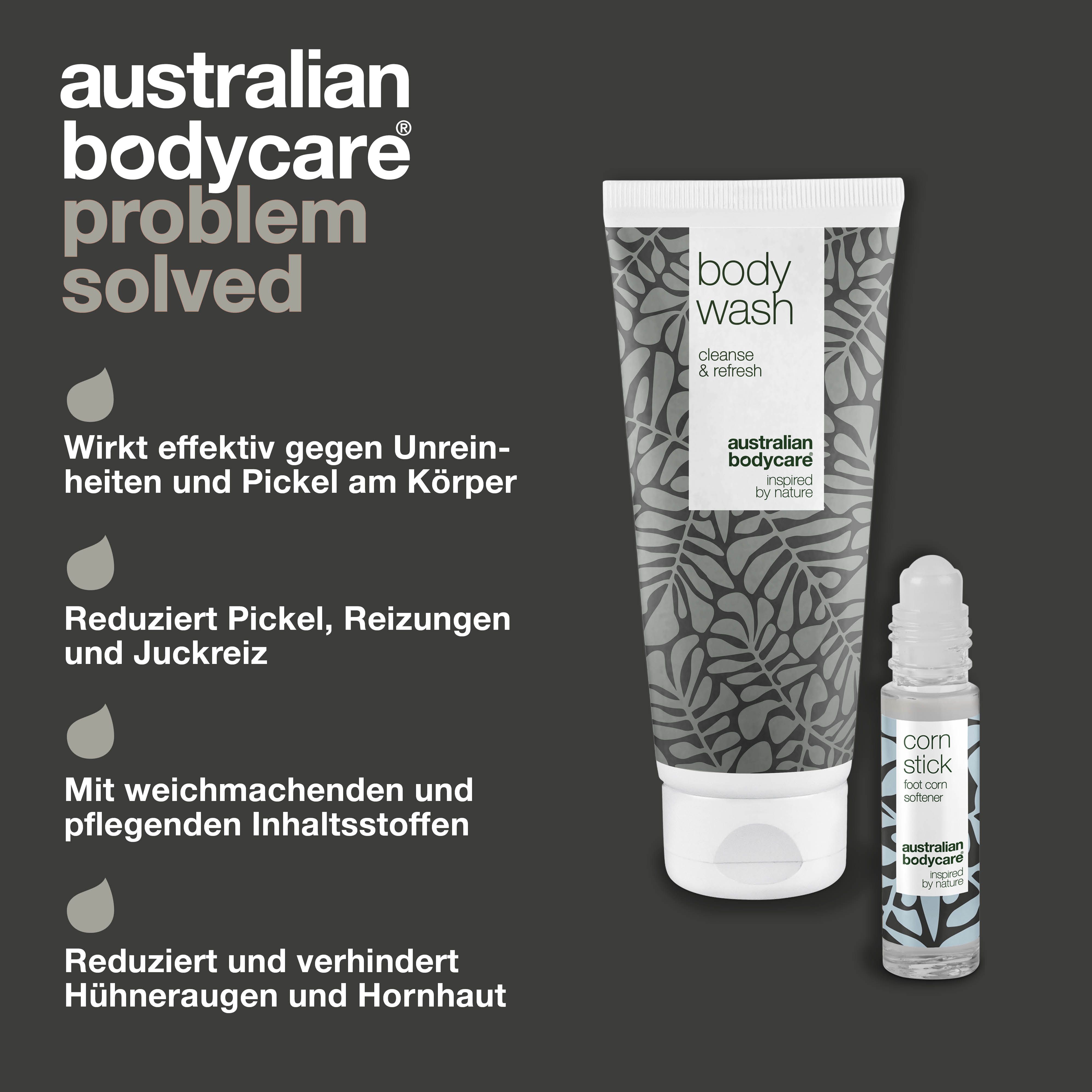 Tube, Roll-on. Aufschriften: Body Wash, Corn Stick. Marke: Australian Bodycare.