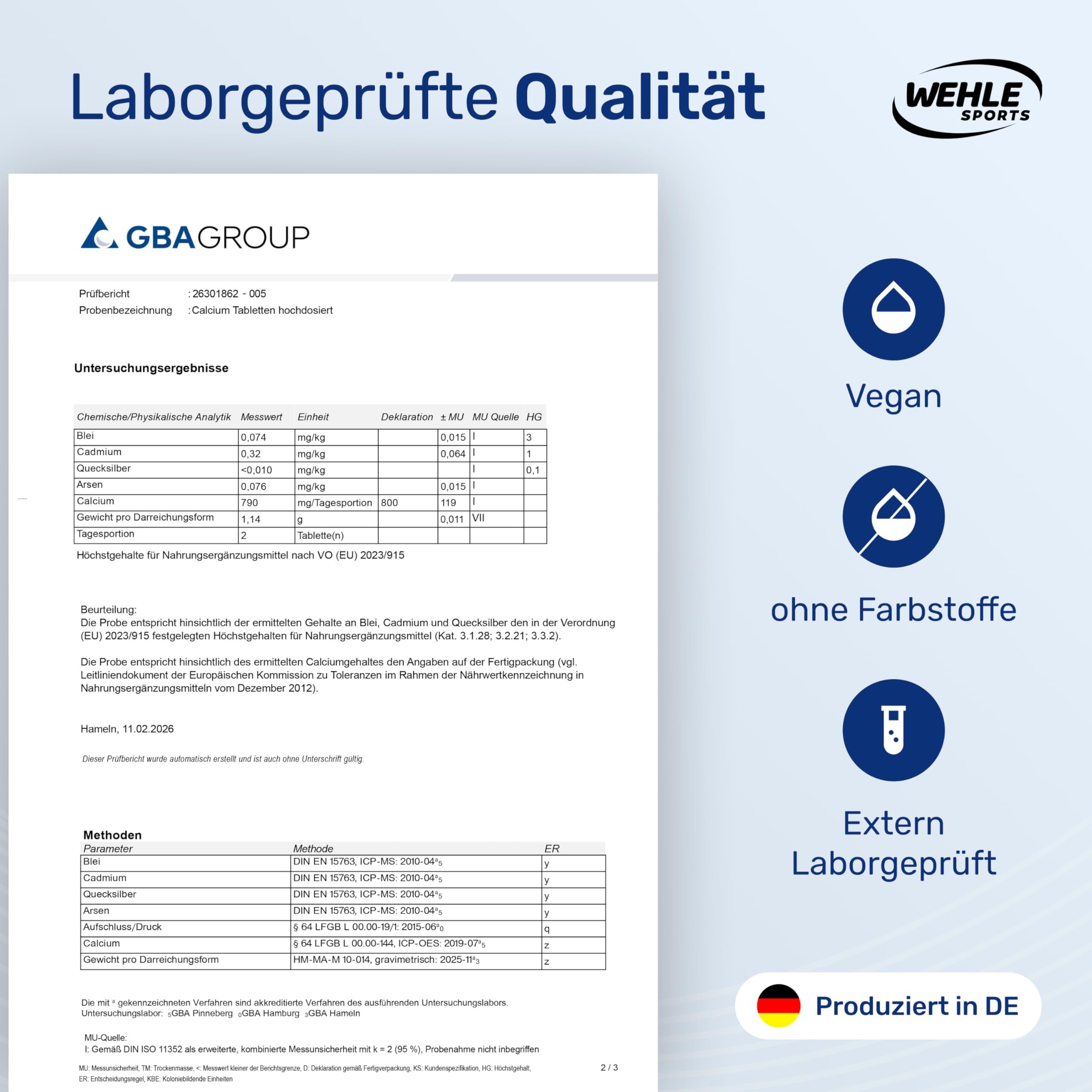 Laborgeprüfte Qualität. Analysebericht. Symbole: Vegan, ohne Farbstoffe, extern laborgeprüft. Produziert in DE. WEHLE SPORTS Logo.