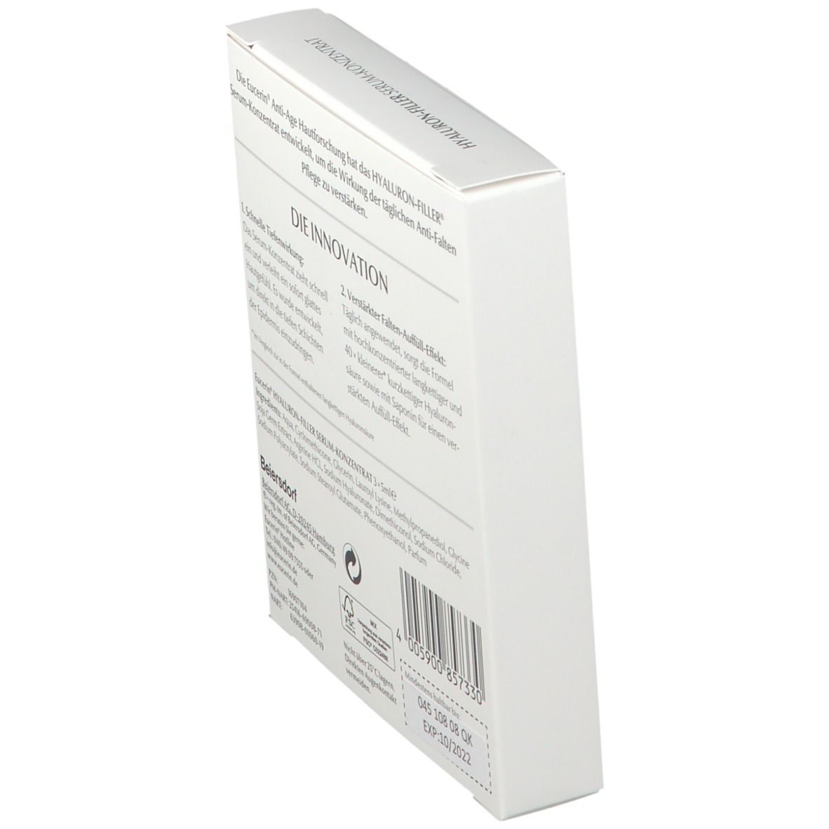 Perspektivische Ansicht der Eucerin-Schachtel. Produktinformationen und Herstellerdetails. Text in Deutsch.