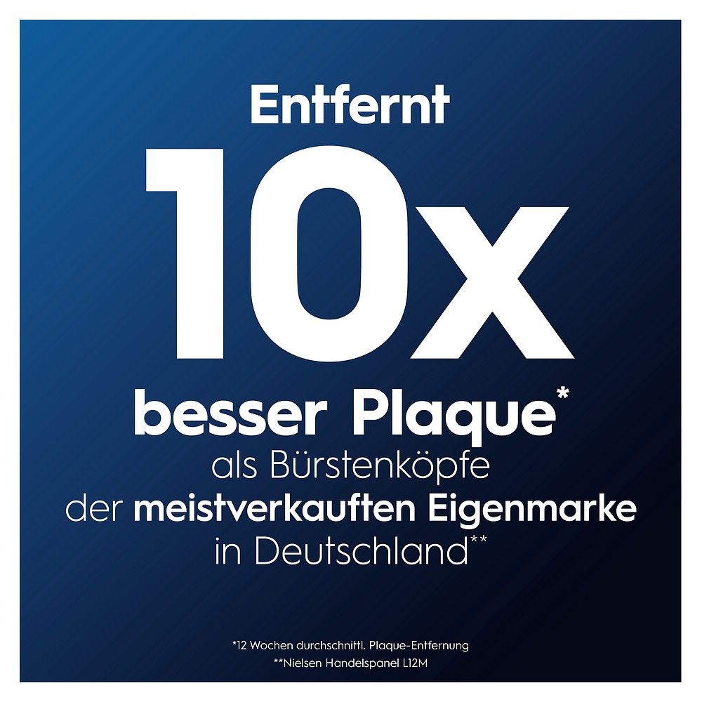 Entfernt 10x mehr Plaque als die meistverkauften Eigenmarken-Bürstenköpfe in Deutschland.