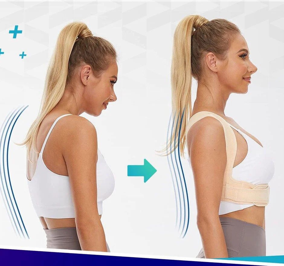 Vorher-Nachher-Bild einer Frau. Links: schlechte Haltung. Rechts: gute Haltung mit beige Rückenstütze. Verstellbare Gurte.
