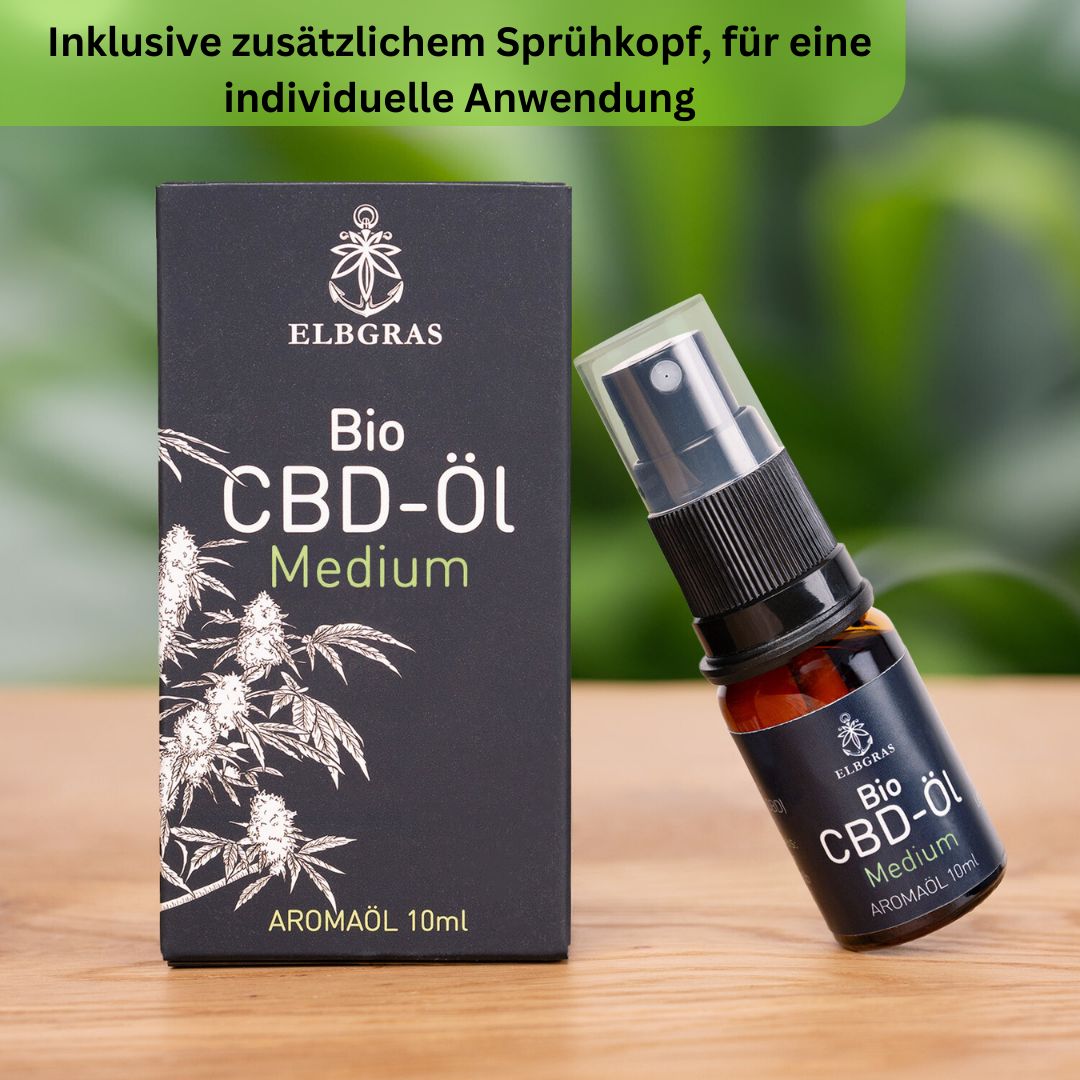 Braune Glasflasche mit Sprühkopf und schwarzer Verpackung. Aufschrift 'Bio CBD-Öl Medium'.