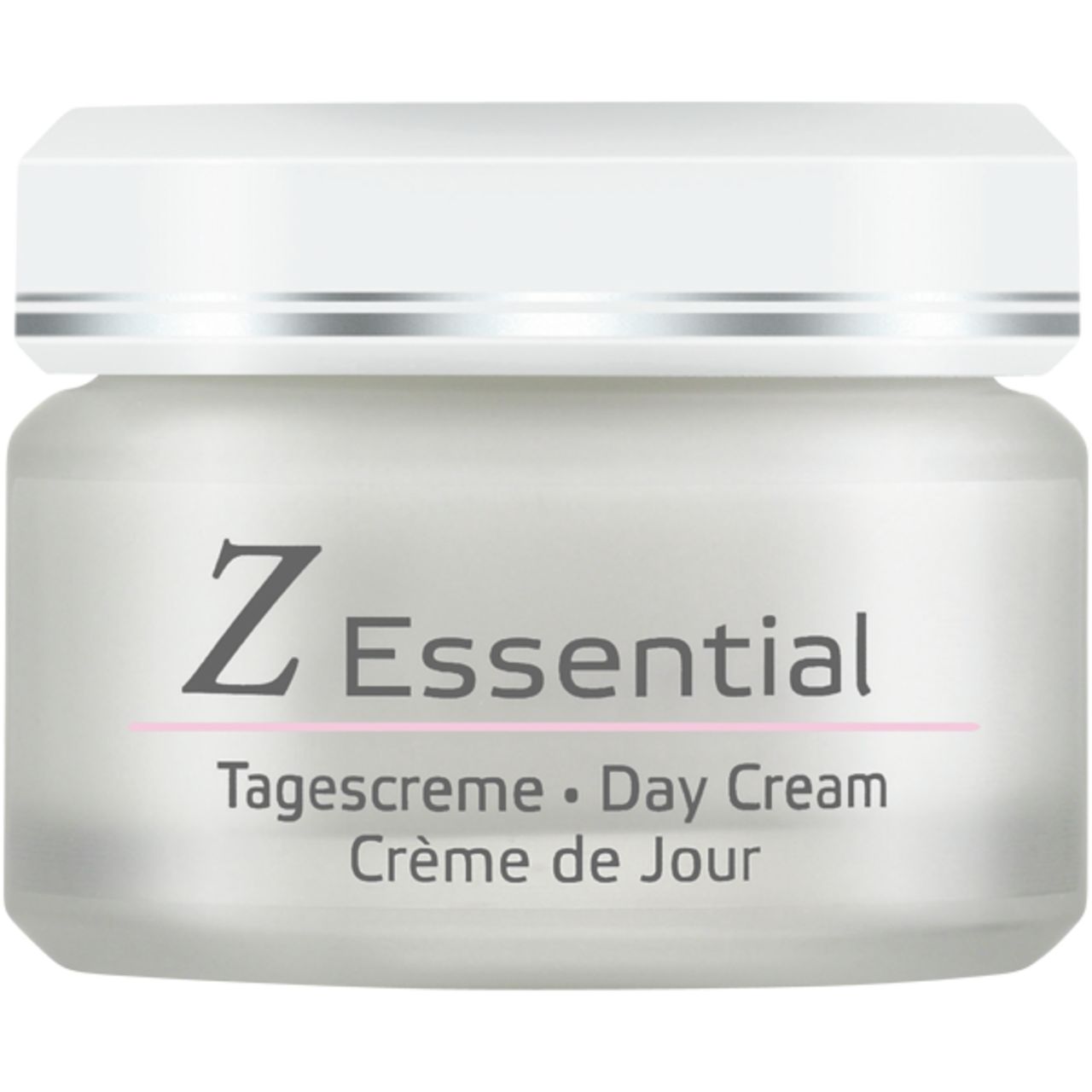 Z Essential Tagescreme Tiegel. Weißer Deckel, graues Glas. Schriftzug: Z Essential, Tagescreme, Day Cream, Crème de Jour.