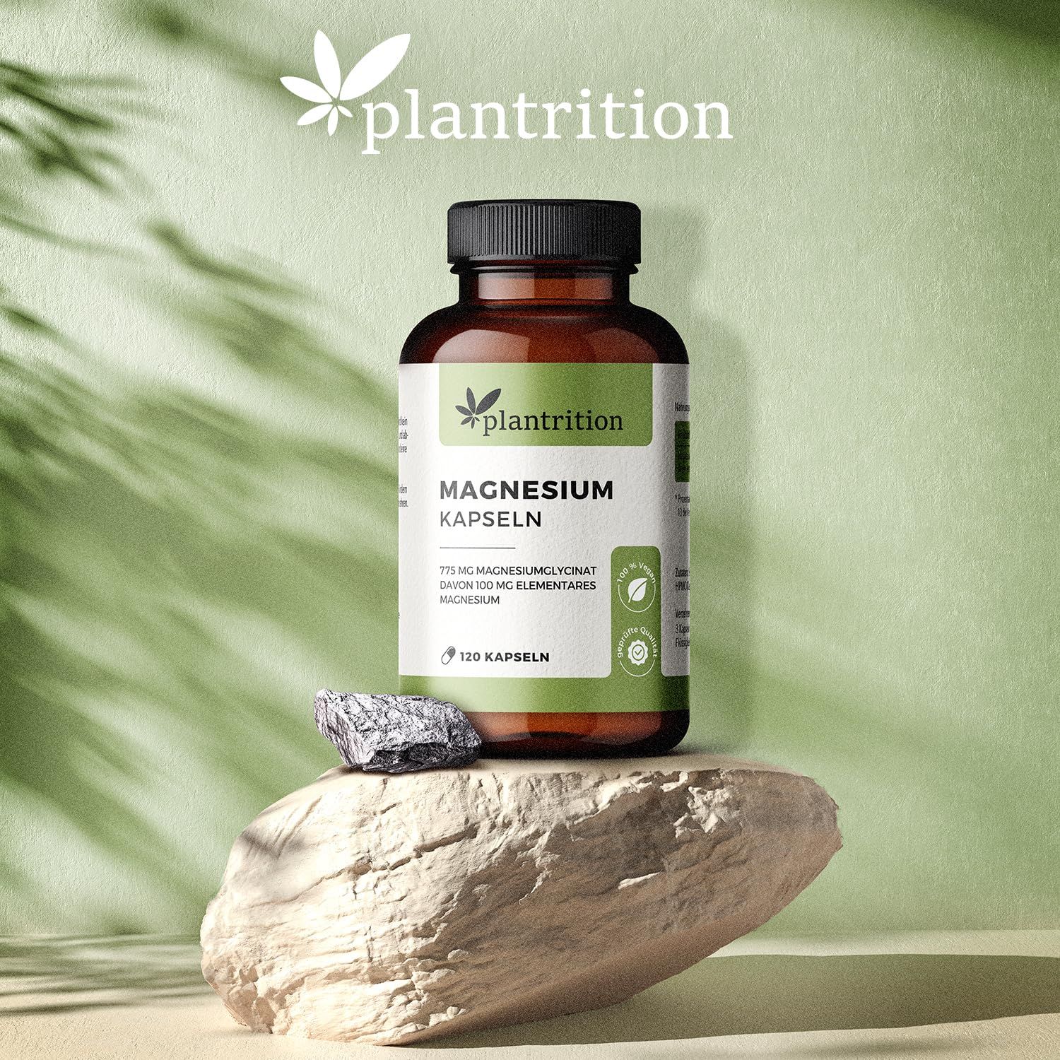 Braune Flasche mit Kapseln auf Stein. Logo und Produktname. Text: Magnesium Kapseln, 120 Kapseln.