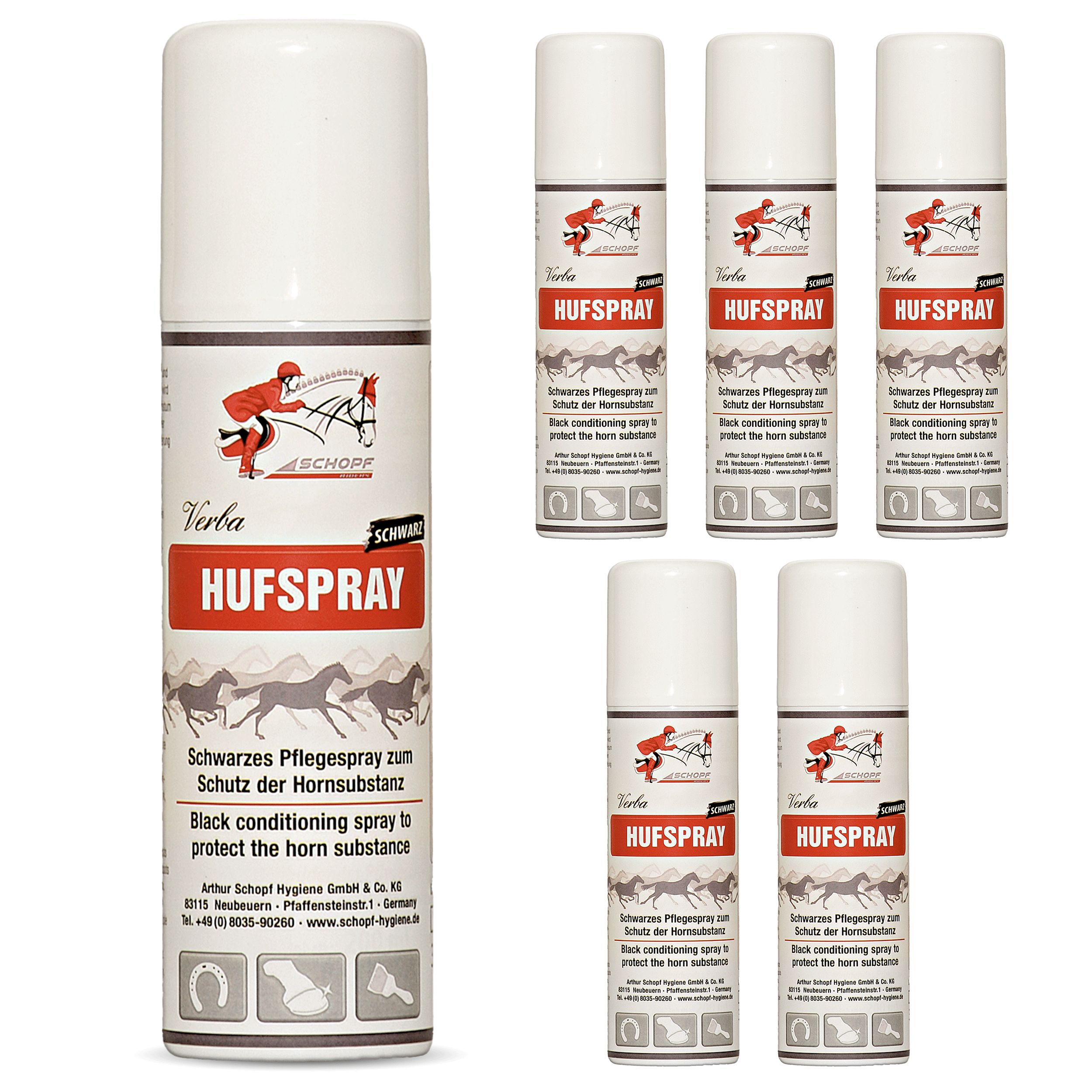 Eine Dose Hufspray neben fünf weiteren. Weiße Dosen mit rotem Etikett, Text: Hufspray, Schwarzes Pflegespray zum Schutz der Hornsubstanz.