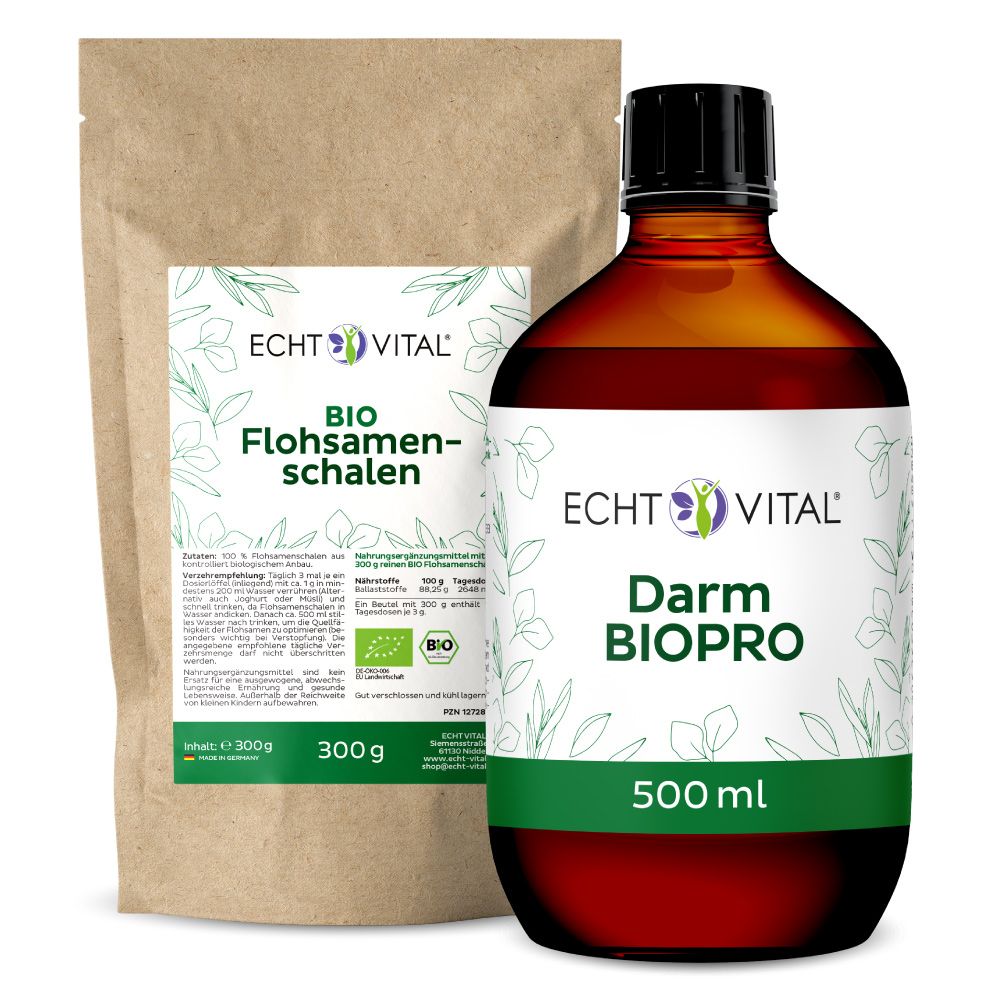 Braune Papiertüte und braune Glasflasche. Aufschrift: Echt Vital, Bio Flohsamenschalen, 300g. Flasche: Darm BIOPRO, 500 ml.