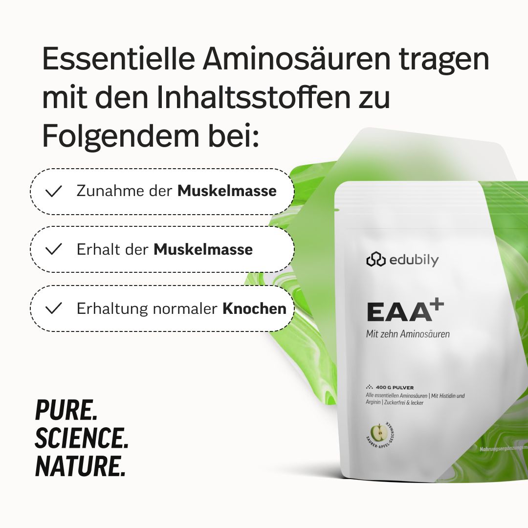 Packung edubily EAA+ Pulver. Text: Essentielle Aminosäuren tragen bei zu: Zunahme Muskelmasse, Erhalt Muskelmasse, Erhaltung Knochen.