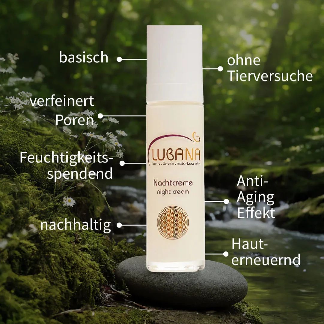 Creme-Flakon mit weißen Deckel. Aufschrift: LUBANA, Nachtcreme. Zusätzliche Text-Labels.
