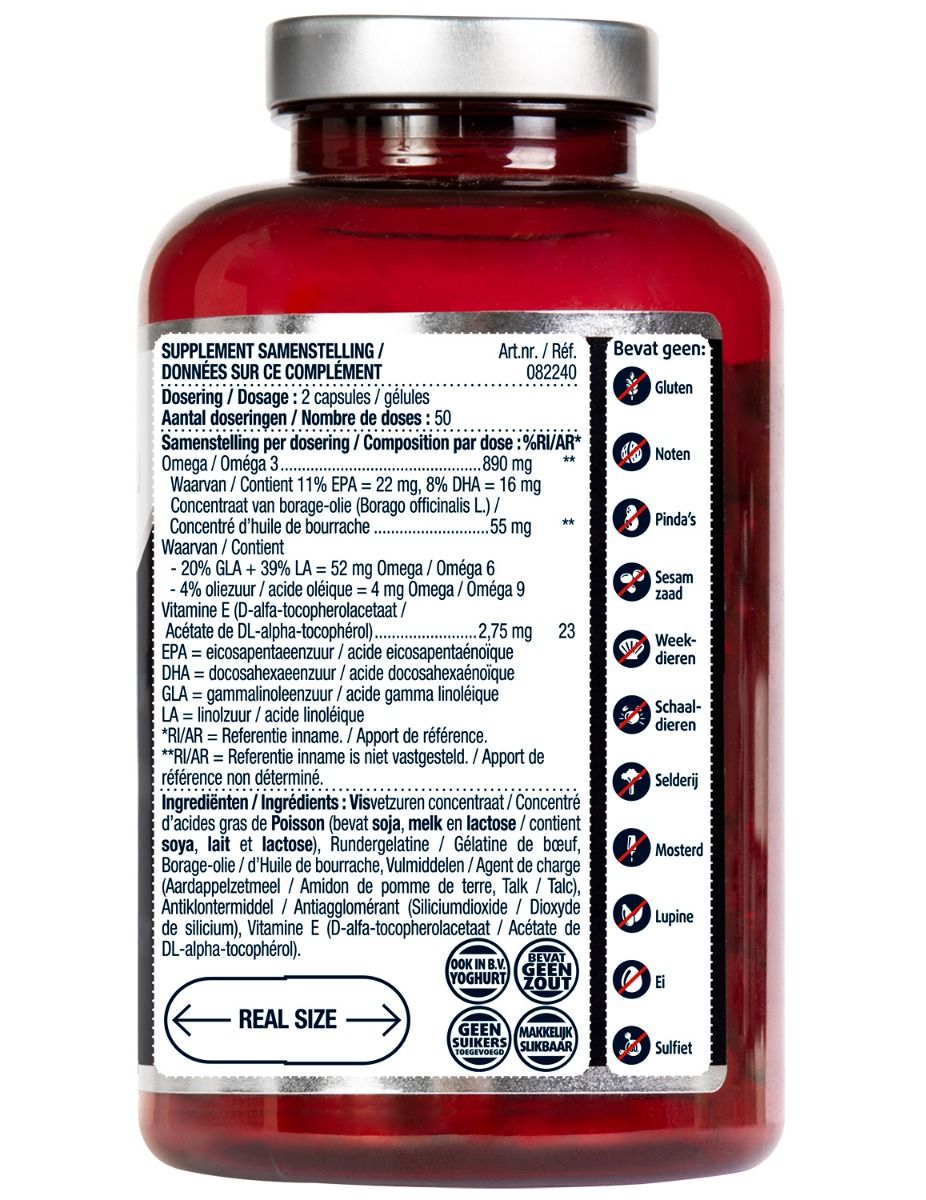 Rückseite der Flasche mit Inhaltsangaben. Enthält Informationen zu Inhaltsstoffen, Dosierung und Allergenen.