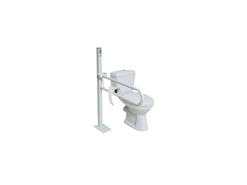 Klappbarer Haltegriff mit Toilettenpapierhalter an verstellbarer Säule. Weißes Metall, neben einer Toilette.