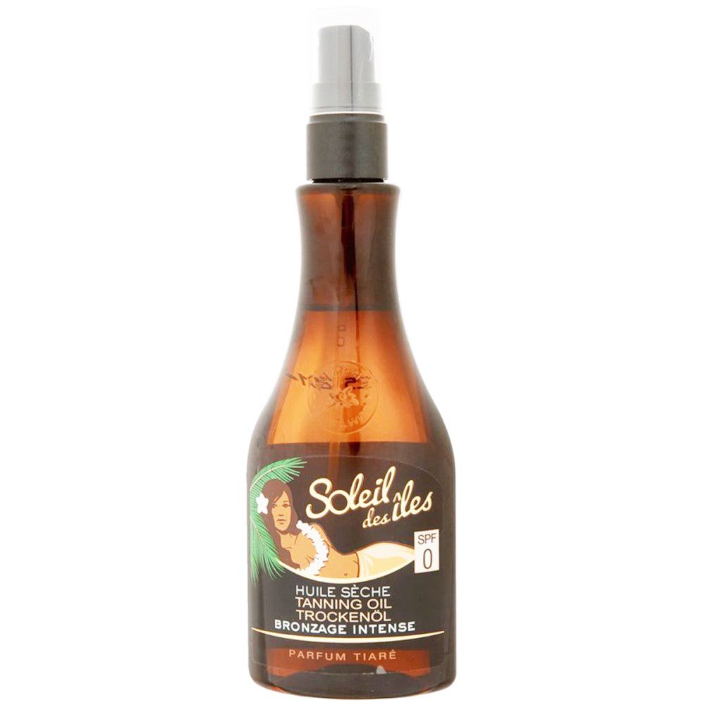 Braunes Sprayflakon mit Produktetikett. Aufschrift: Soleil des Îles, Tiaré-Duft, Trockenöl, SPF 0. Abbildung einer Frau am Strand.