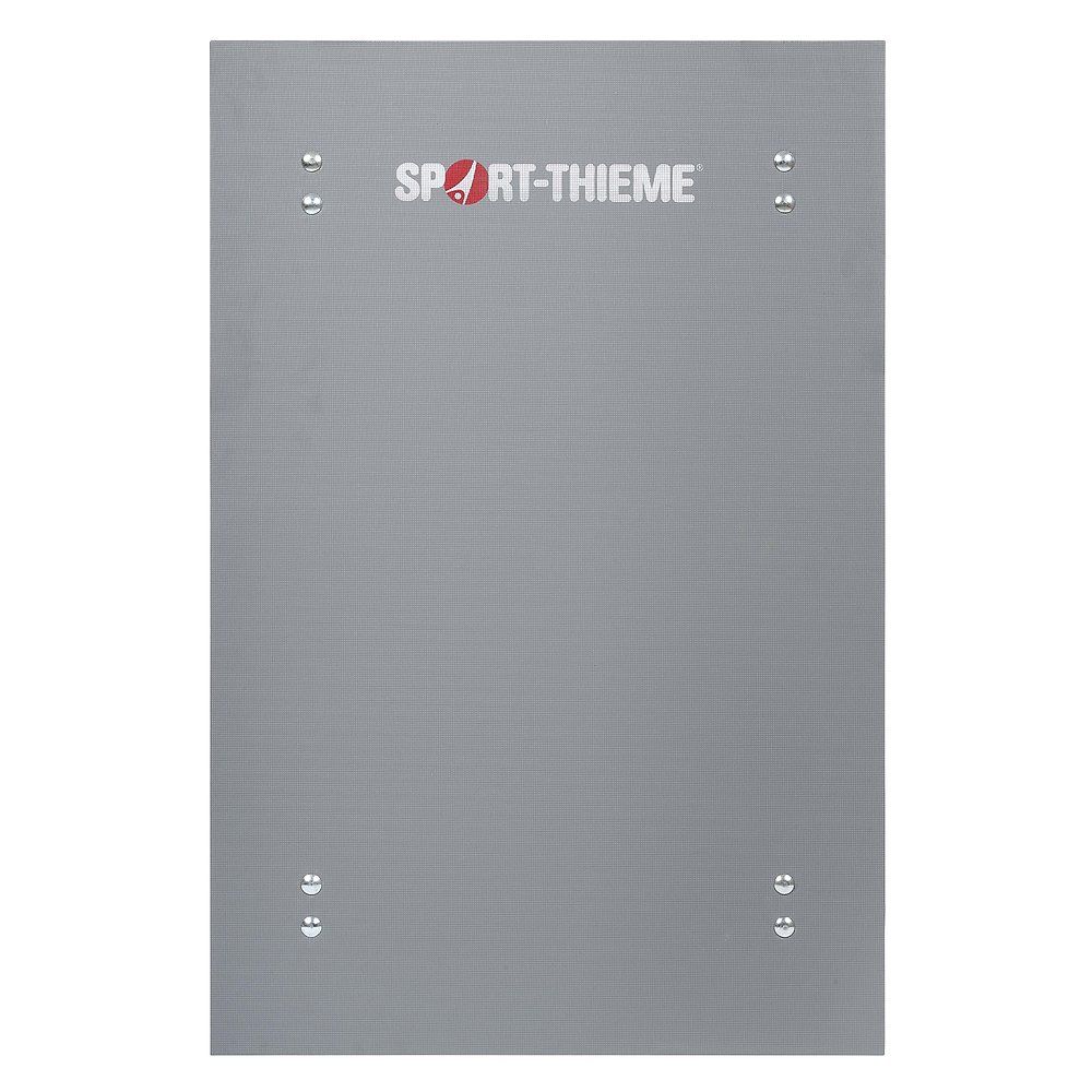 Graue, rechteckige Sprungwand mit dem Logo von Sport-Thieme. Vier Metallhalterungen sind an den Ecken angebracht.